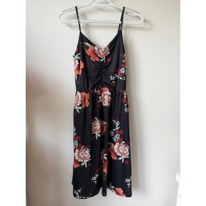 Yathon Black Floral Spaghetti Strap Sun Dress V-Neck A-Line Midi Womens Medium